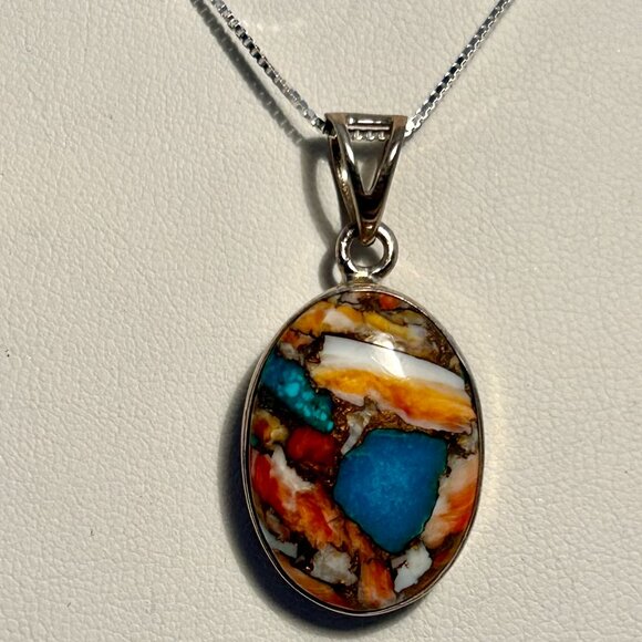 Sterling Silver Spiny Oyster Copper Turquoise Pendant - Picture 1 of 3